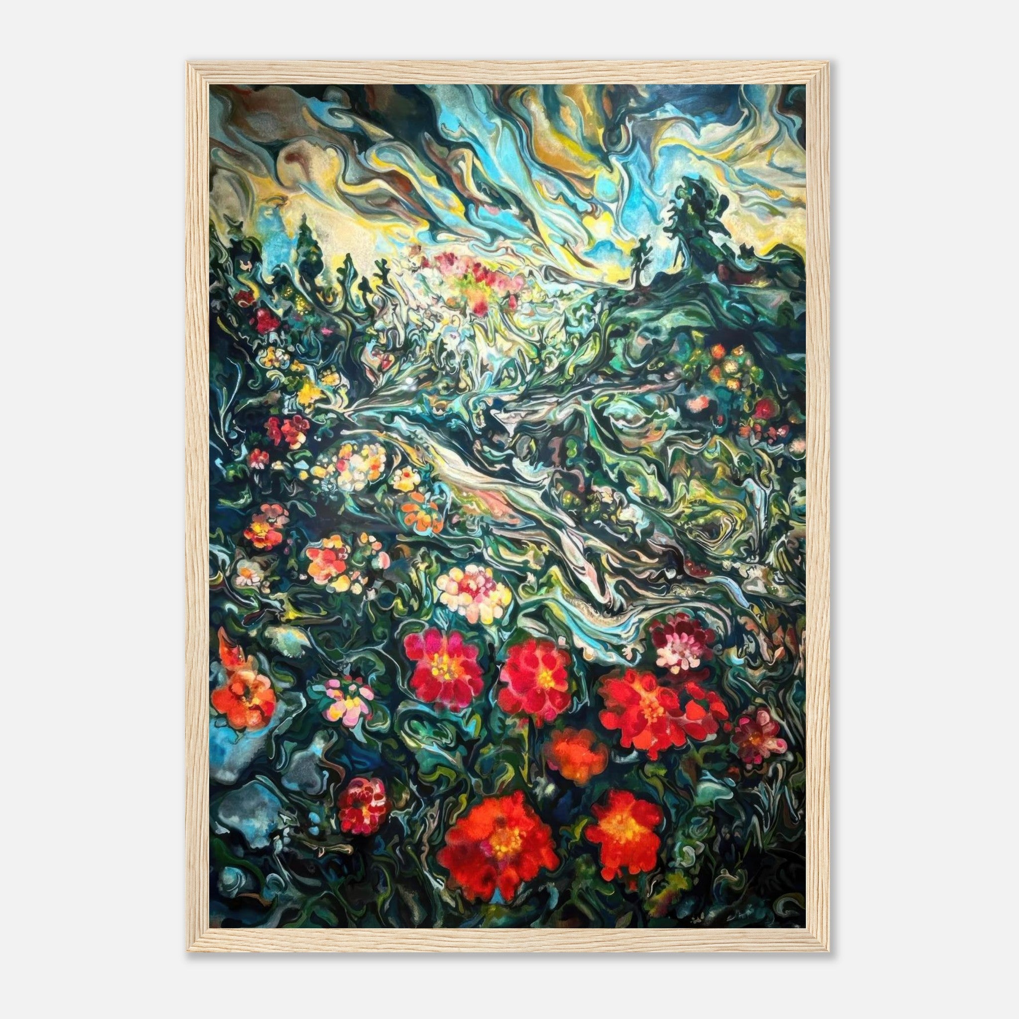 Abstract floral landscape painting in vibrant colors, beautifully framed to enhance any space.