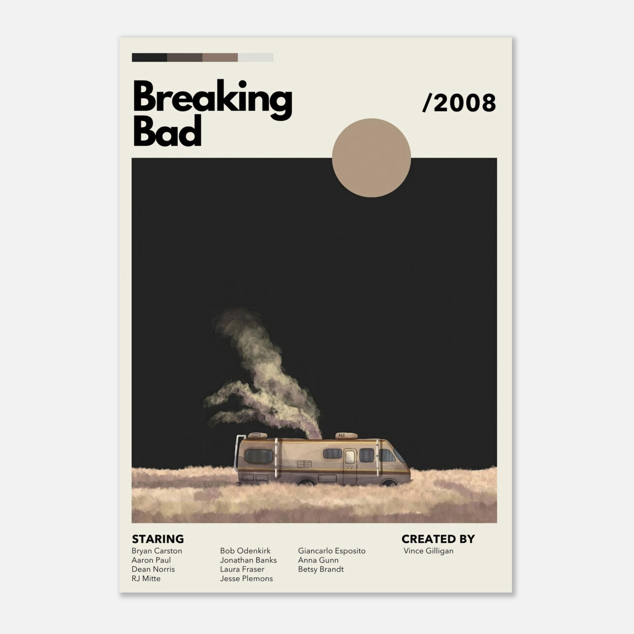 Vintage Breaking Bad RV poster featuring an iconic RV in a desert landscape, highlighting the show's aesthetic and intensity.