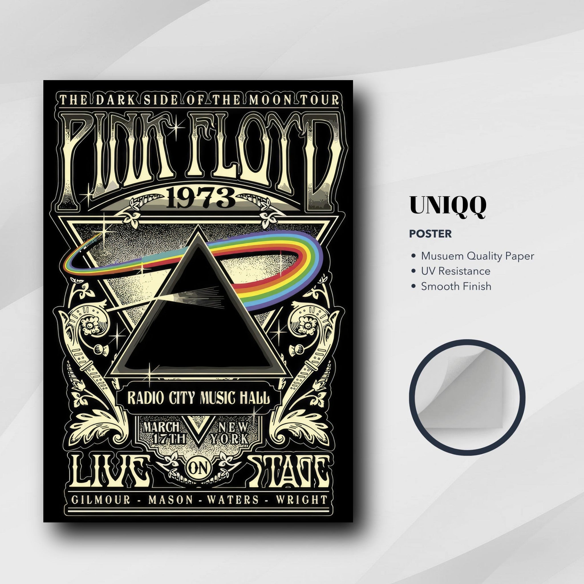 Pink Floyd 1973 The Dark Side of the Moon poster featuring iconic prism design and vibrant rainbow colors.