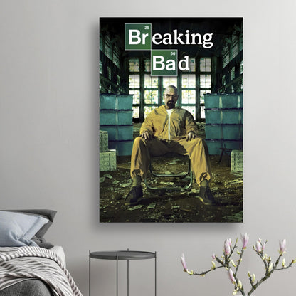 Walter White Breaking Bad poster in yellow hazmat suit, set in a dimly lit warehouse with cash stacks.