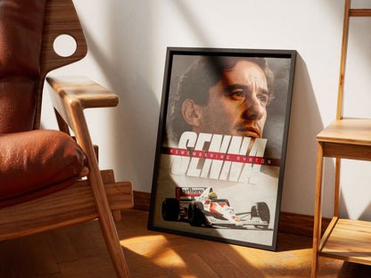 Framed Ayrton Senna art print featuring his iconic portrait and race car, displayed in a modern home setting.