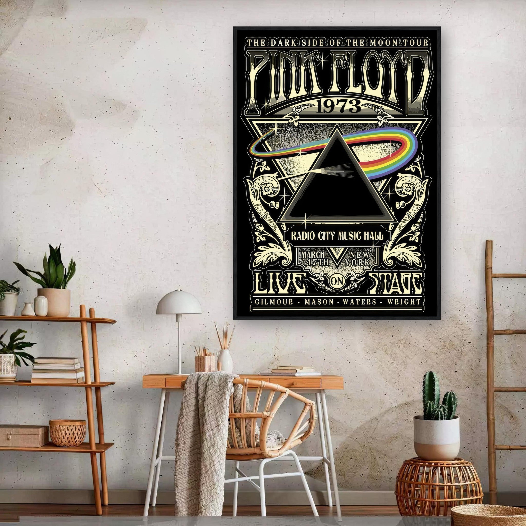 Framed print of Pink Floyd's "The Dark Side of the Moon" 1973 tour poster displayed in a modern room setting.