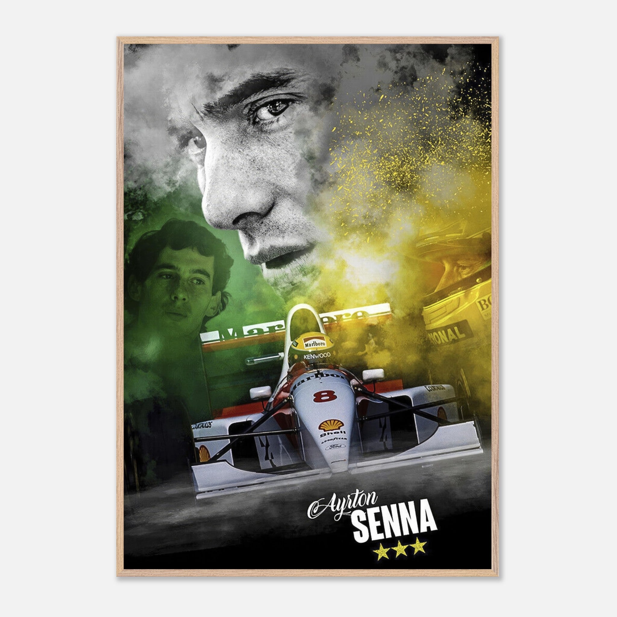 Ayrton Senna fine art print featuring his iconic F1 car, portraits, and vivid colors honoring his racing legacy.