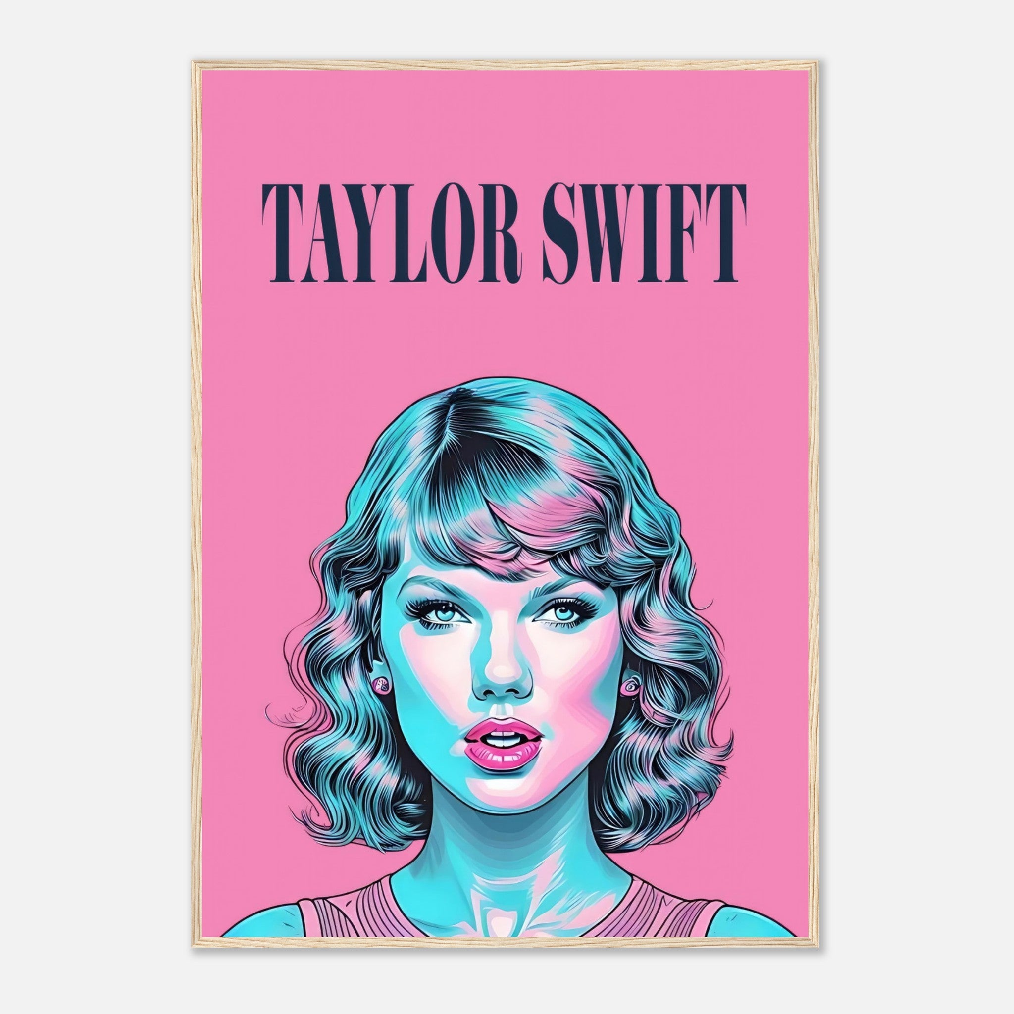 Taylor Swift Pop Art framed poster with bold pink background and turquoise highlights, perfect for fans and art lovers.