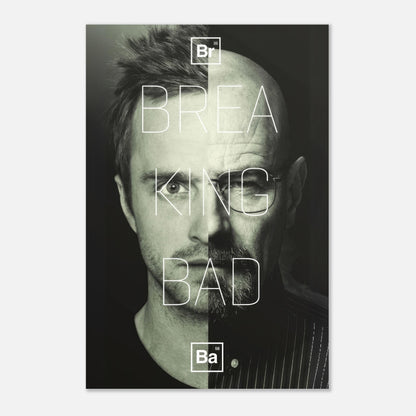 Jesse x Walter Breaking Bad metal poster showcasing iconic characters in striking duality with bold design.