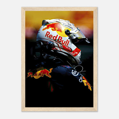 Max Verstappen Red Bull racing helmet framed print, capturing the intensity of Formula 1 with vibrant colors and sharp detail.