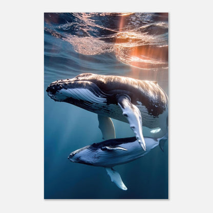 Underwater photography of a mother humpback whale and calf swimming in sunlit ocean waters.