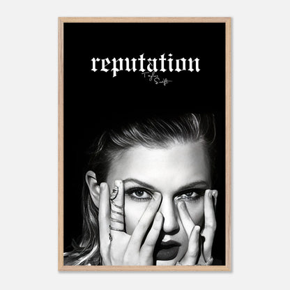 Vintage Taylor Swift Reputation framed print featuring a monochrome portrait and bold logo, perfect for fans.