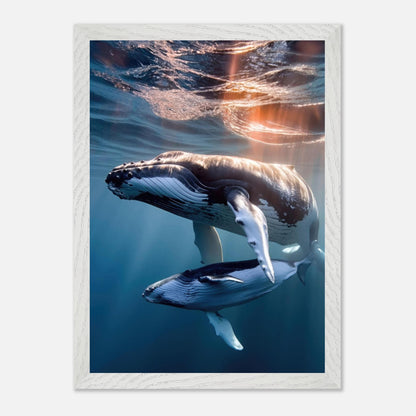 Underwater photography print of a humpback whale and calf in a vintage frame, showcasing ocean beauty.