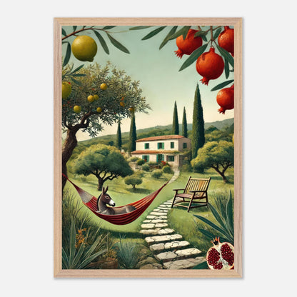 Mediterranean rural landscape featuring a donkey in a hammock, cypress trees, and a charming villa amid fruit trees.