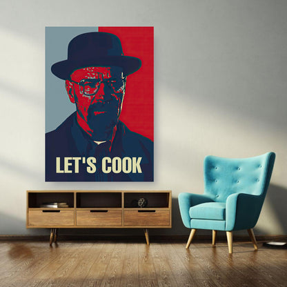 Heisenberg Let's Cook poster featuring bold colors and a striking design, ideal for fans of pop art and modern storytelling.