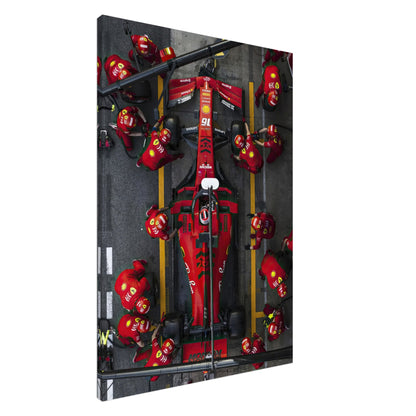 Ferrari pitstop canvas artwork capturing the speed and precision of Formula 1 with vibrant colors and lifelike details.