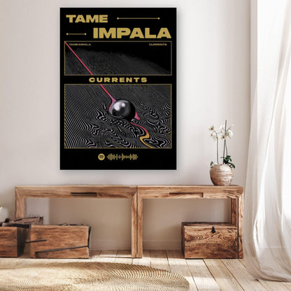 Tame Impala Currents poster featuring bold artwork on black background displayed in a modern home interior.