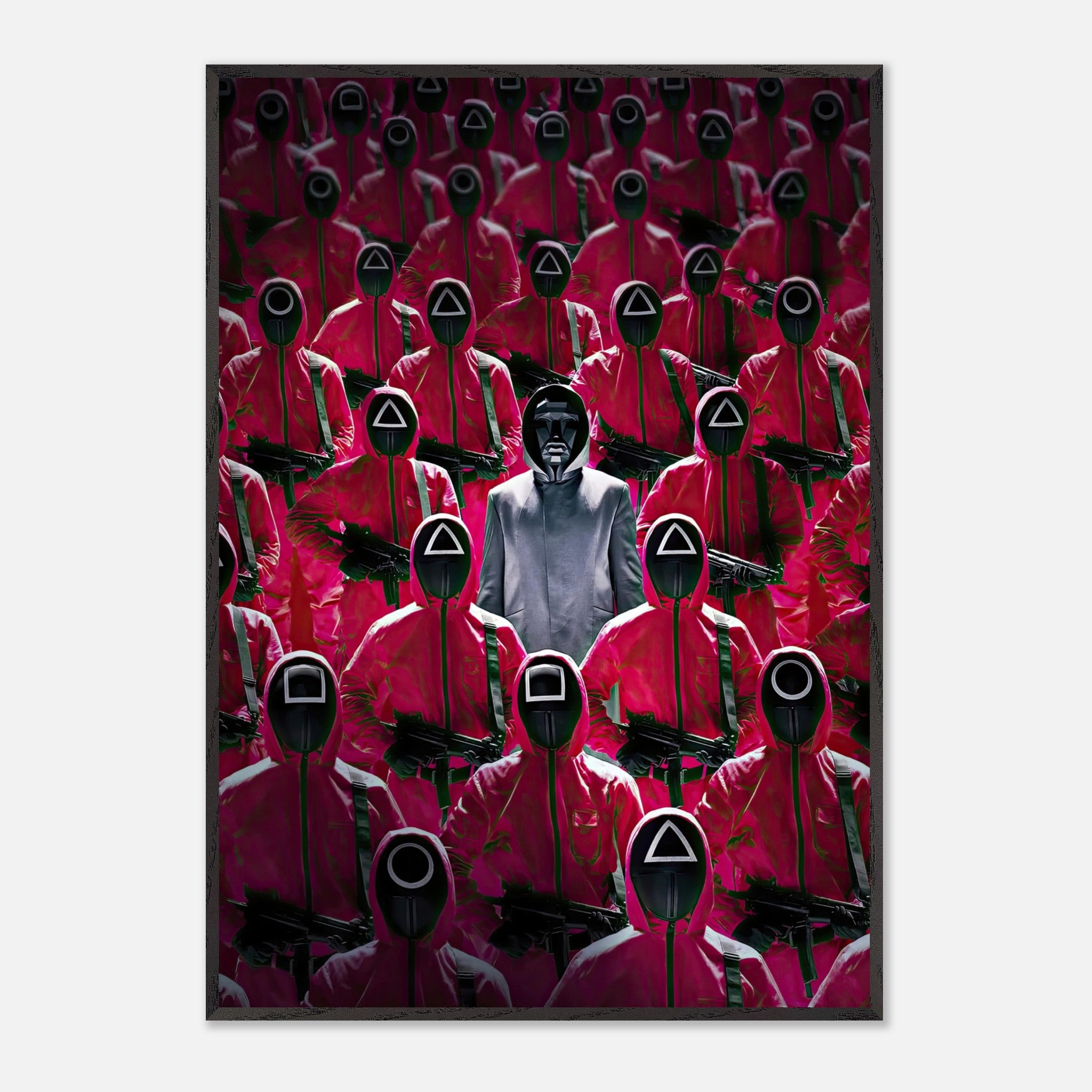 Squid Game Guards Fine Art Print featuring iconic guards in pink uniforms and the Front Man in a vibrant, detailed artwork.