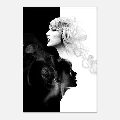 Taylor Swift black and white metal print featuring a stunning dual-tone design with iconic imagery and elegant smoke effects.