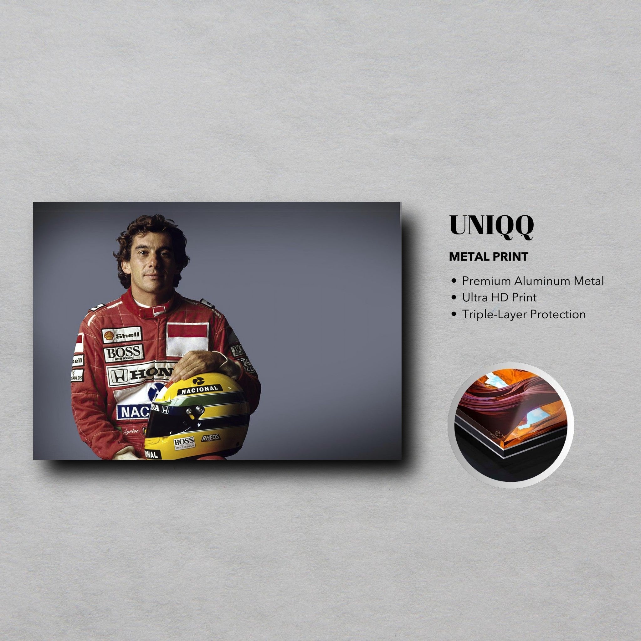 Ayrton Senna metal print on premium aluminum, showcasing ultra HD quality and triple-layer protection.