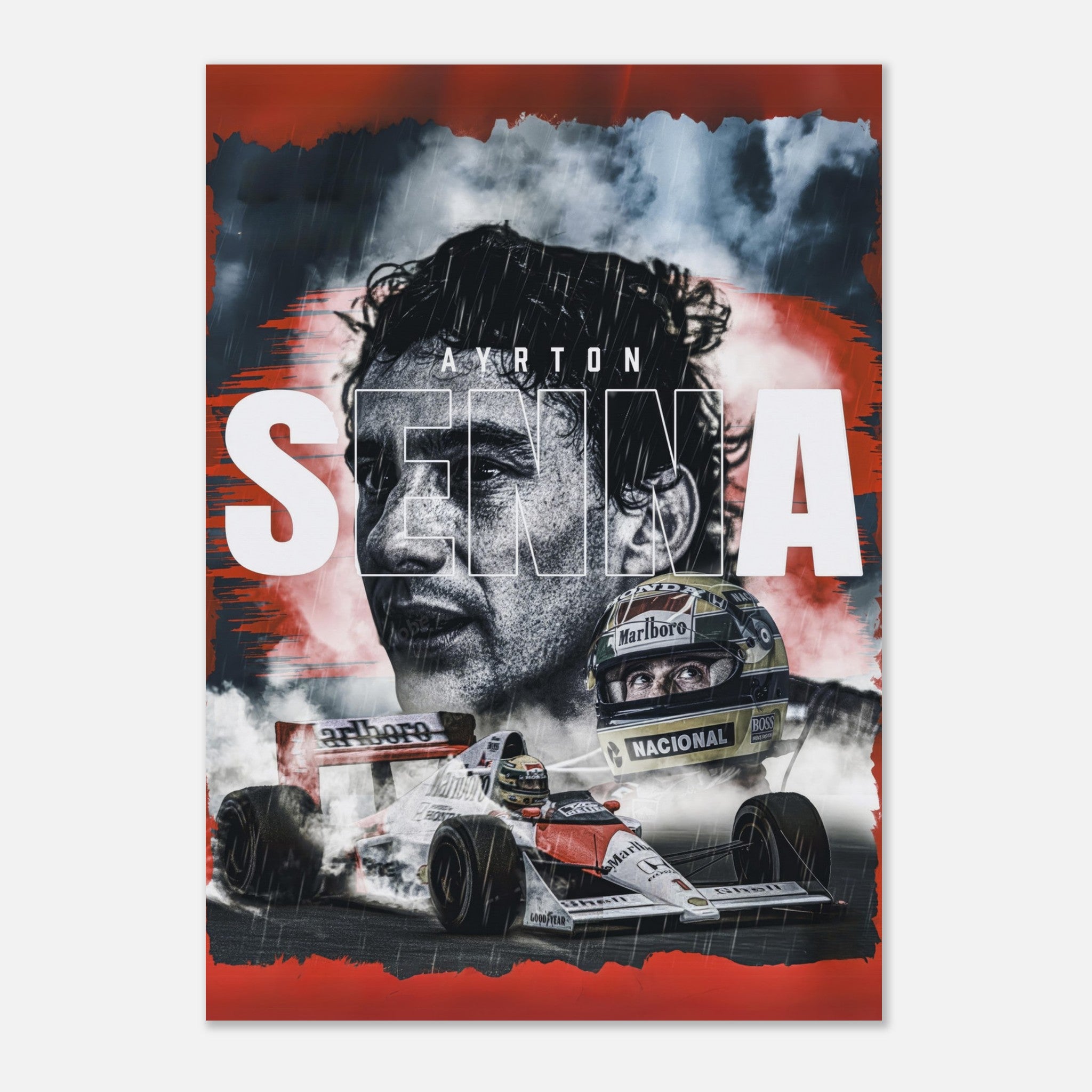 Ayrton Senna F1 legend poster featuring vibrant colors and bold designs, ideal for racing enthusiasts' decor.