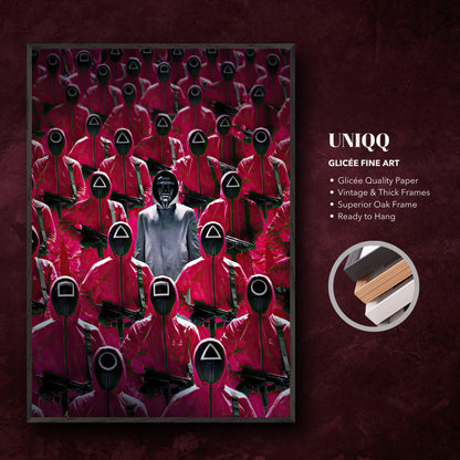 Squid Game Guards fine art print featuring iconic pink uniforms and Front Man, ready to hang in a vintage oak frame.