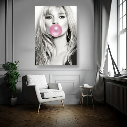 Kate Moss Pink Bubble Gum metal poster in a stylish living room decor, featuring a black-and-white portrait with pink bubble gum.