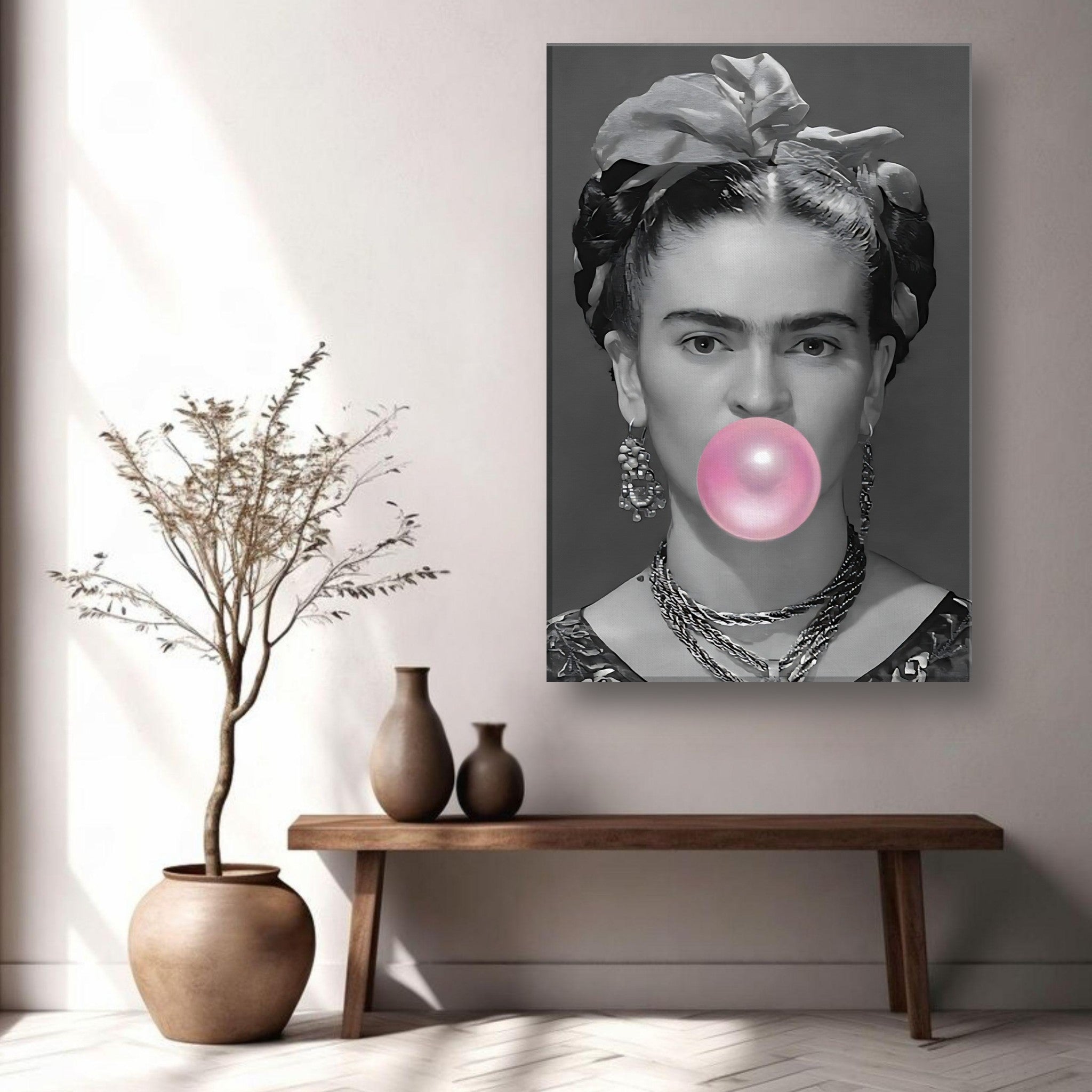 Frida Kahlo Bubble Gum canvas art featuring grayscale portrait with pink bubble gum, modern pop art decor for unique spaces.