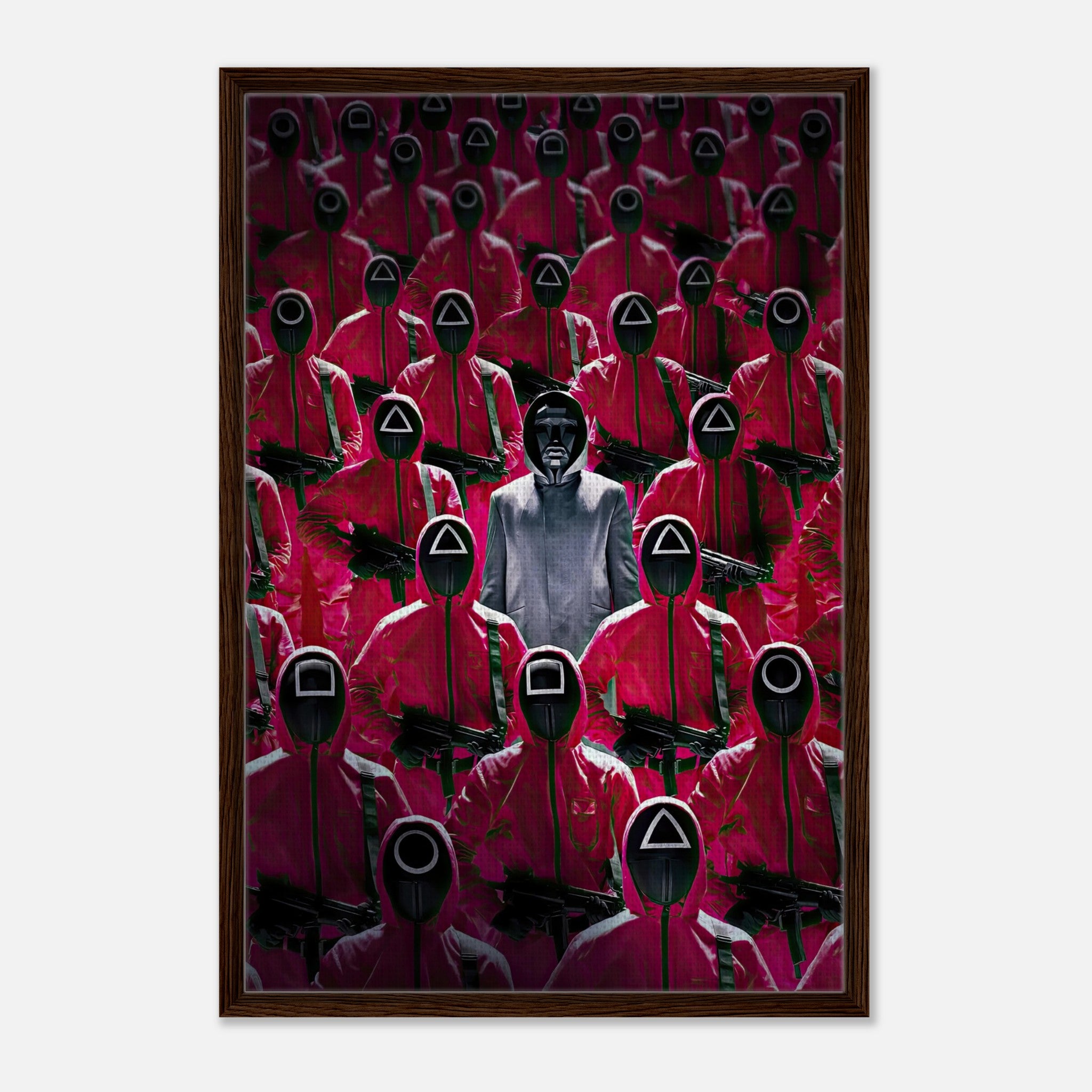 Framed canvas print of Squid Game guards in red uniforms and masks, showcasing dramatic and bold artwork for fans.