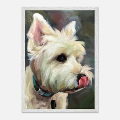 Westie dog painting showcasing the fluffy white coat and playful expression of a West Highland White Terrier.