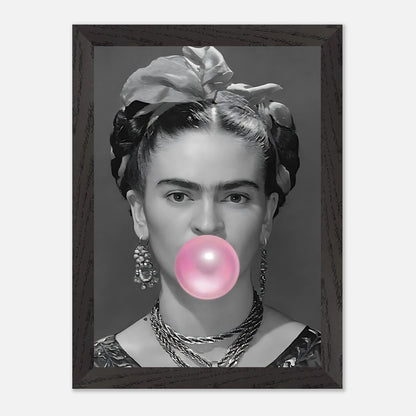 Frida Kahlo vintage art framed print in black and white with pink bubble gum. Perfect for modern decor enthusiasts.