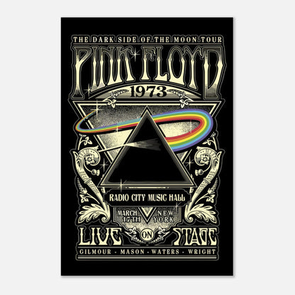 Vintage Pink Floyd Dark Side of the Moon metal print featuring 1973 Radio City Music Hall tour design.