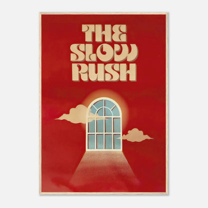 The Slow Rush framed print with retro typography and a dreamy window design on a rich red background.