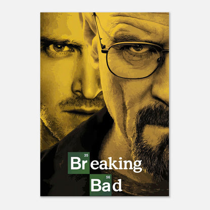 Breaking Bad official metal print featuring Walter White and Jesse Pinkman in vibrant colors and sharp details.