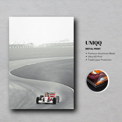 1988 Ayrton Senna McLaren metal print showcasing iconic Formula 1 racing on the track in ultra HD quality.