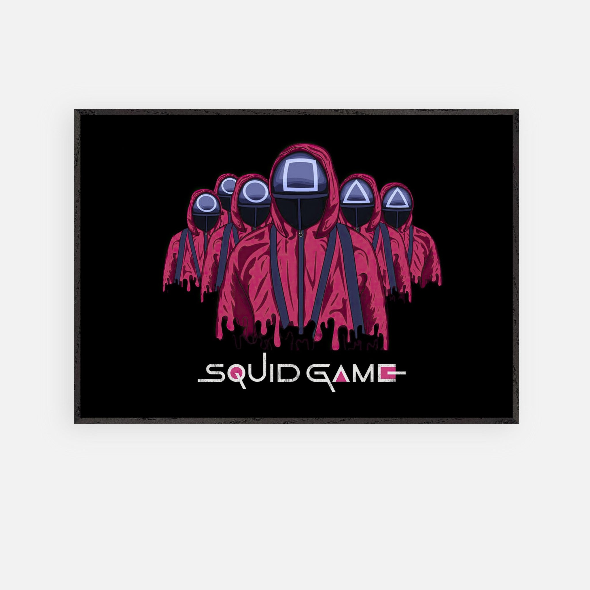 Squid Game Soldiers fine art print featuring masked guards in red uniforms on a dark background.