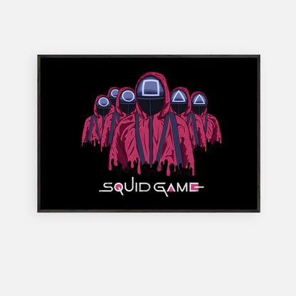 Squid Game Soldiers fine art print featuring masked guards in red uniforms on a dark background.