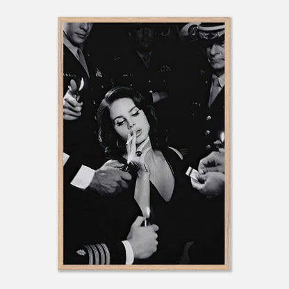 Vintage black-and-white framed print of Lana Del Ray smoking, surrounded by admirers in military uniforms.