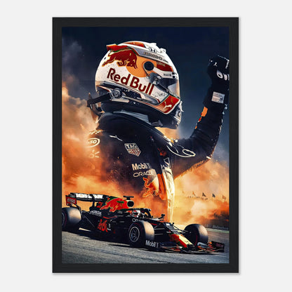 Max Verstappen Red Bull framed print showcasing dynamic F1 racing art with vibrant colors and sleek design.