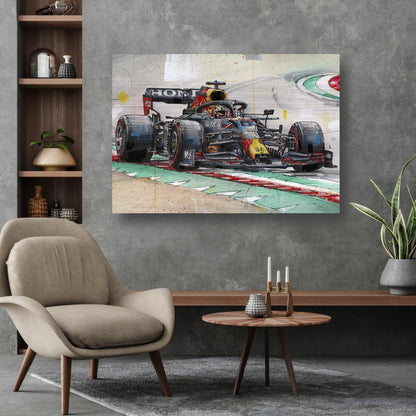 Max Verstappen brushed metal artwork showcasing a dynamic racing scene, enhancing modern decor in a stylish setting.