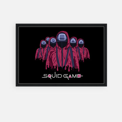 Squid Game Soldiers framed canvas print featuring masked guards in red uniforms on a black background.