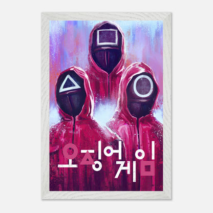 Squid Game fine art print featuring iconic guards in red uniforms and geometric masks, vibrant colors, and dramatic design.