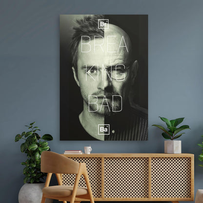 Jesse x Walter Breaking Bad poster featuring a split-face design in sleek monochrome, perfect for fans and collectors.