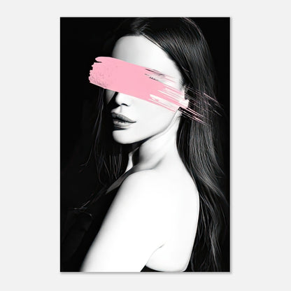 Monochrome portrait of a woman with a vibrant pink brushstroke across her eyes on a sleek metal print.