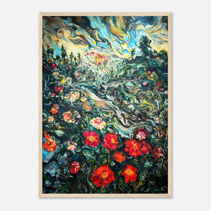 Abstract floral landscape painting, colorful flowers and swirling patterns in a framed print, ideal for home decor.