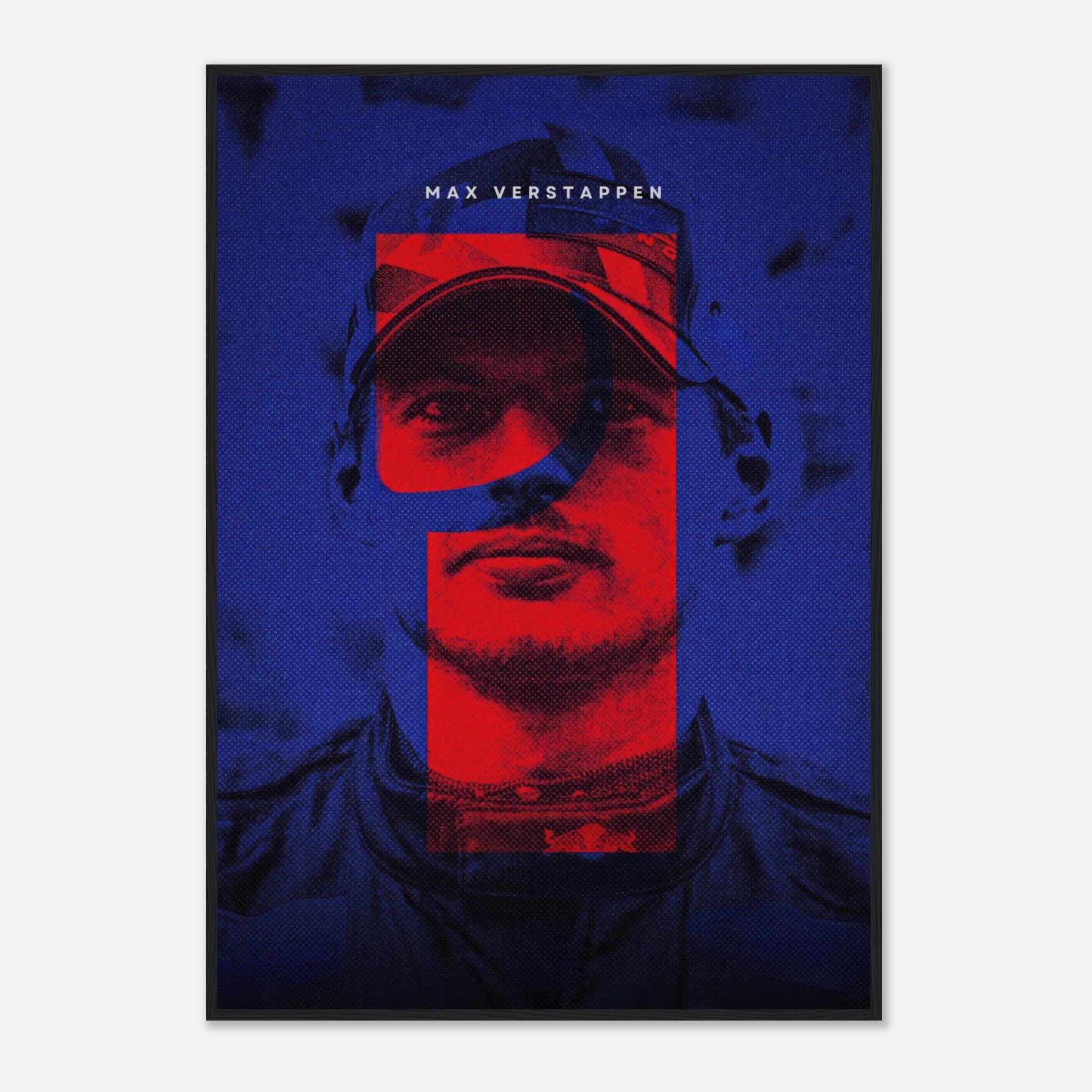 Max Verstappen framed print featuring bold colors and dynamic design, celebrating Formula 1 racing excellence.