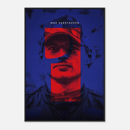 Max Verstappen framed print featuring bold colors and dynamic design, celebrating Formula 1 racing excellence.