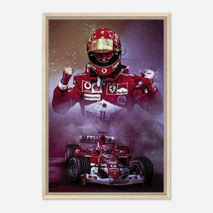 Framed canvas print of Michael Schumacher celebrating in Ferrari racing gear, showcasing his legendary Formula 1 legacy.