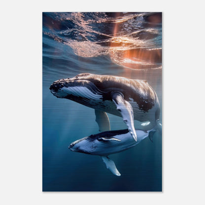 Underwater photography of mother humpback whale and calf, brushed metal print, capturing ocean beauty.