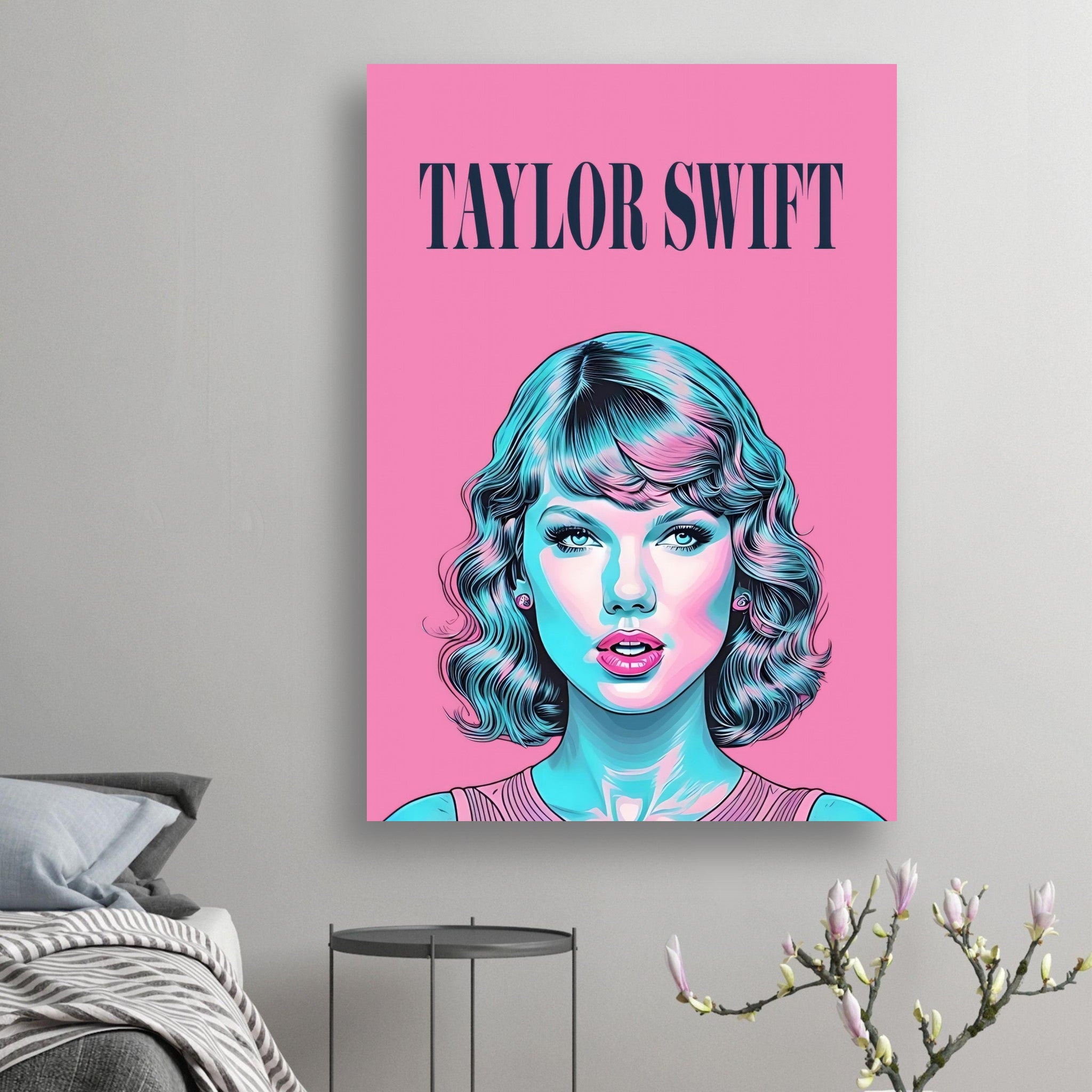 Taylor Swift Pop Art Poster with vibrant colors and bold design on a pink backdrop, perfect for fans and art lovers.