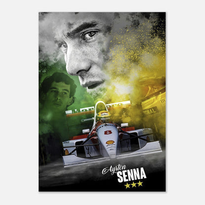 Ayrton Senna F1 McLaren poster featuring vibrant colors and iconic imagery celebrating the legendary driver's career.