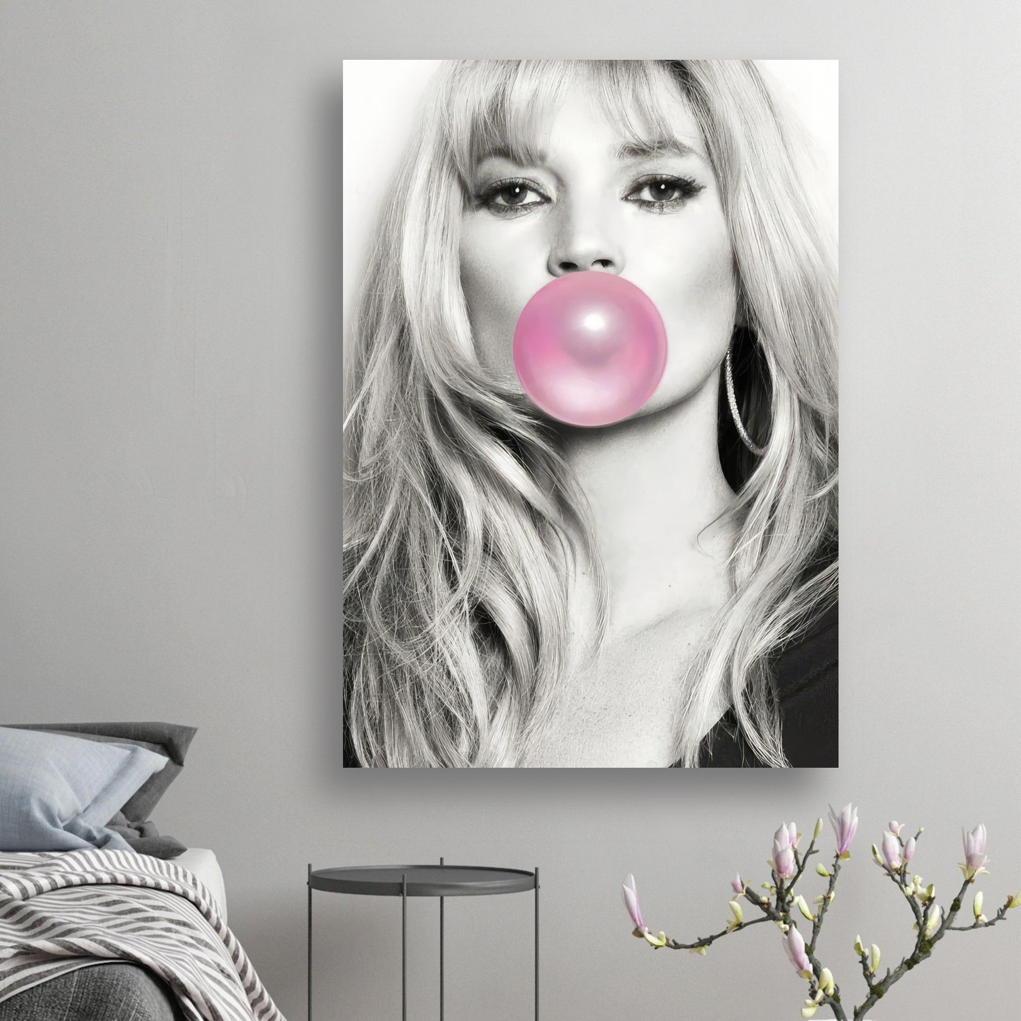 Kate Moss Pink Bubble Gum Poster featuring a striking black-and-white image of the supermodel blowing a pink bubble.