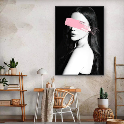 Pink Blindness framed print showcasing a monochrome portrait with a bold pink brushstroke in modern home decor setting.