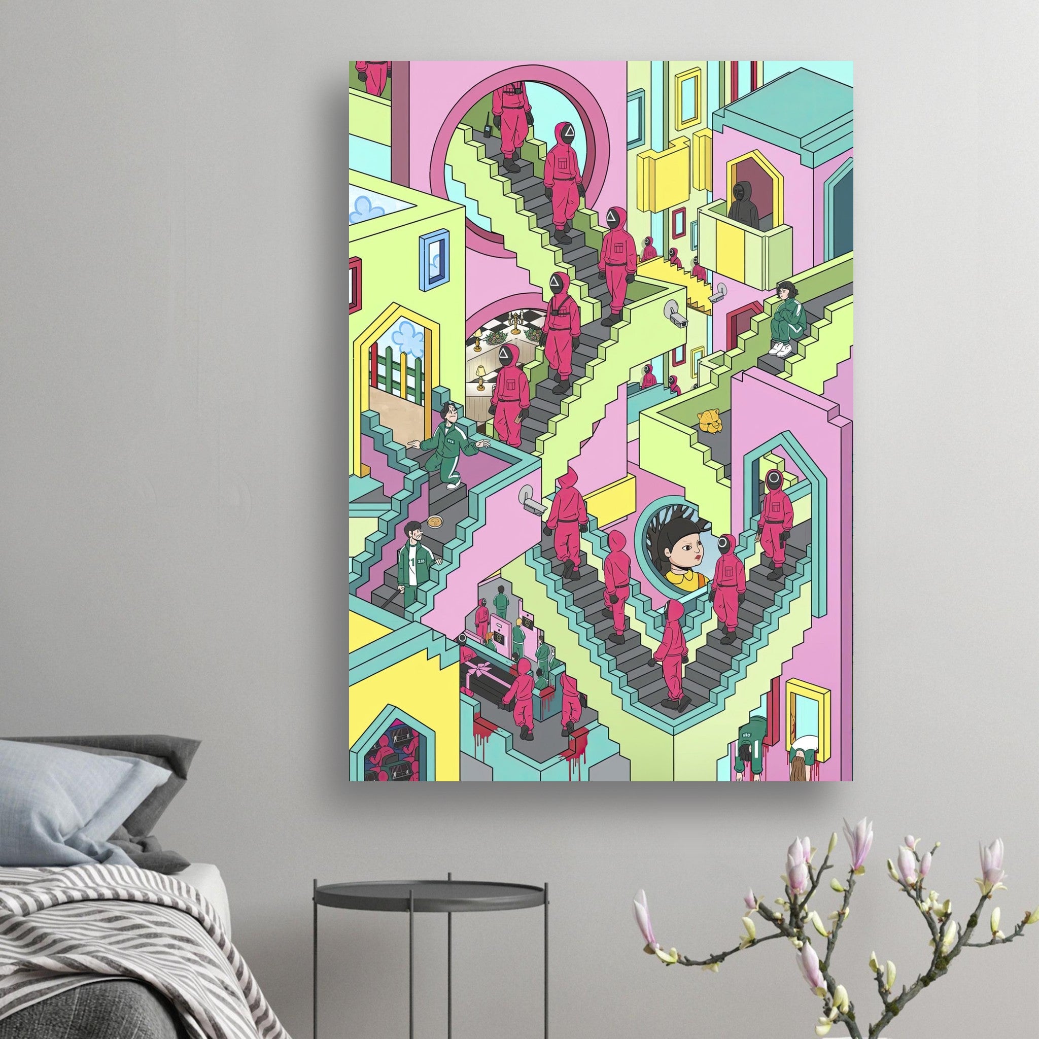 Squid Game Stairs poster featuring vibrant colors and intricate design of iconic staircase scene, perfect for fans of the series.